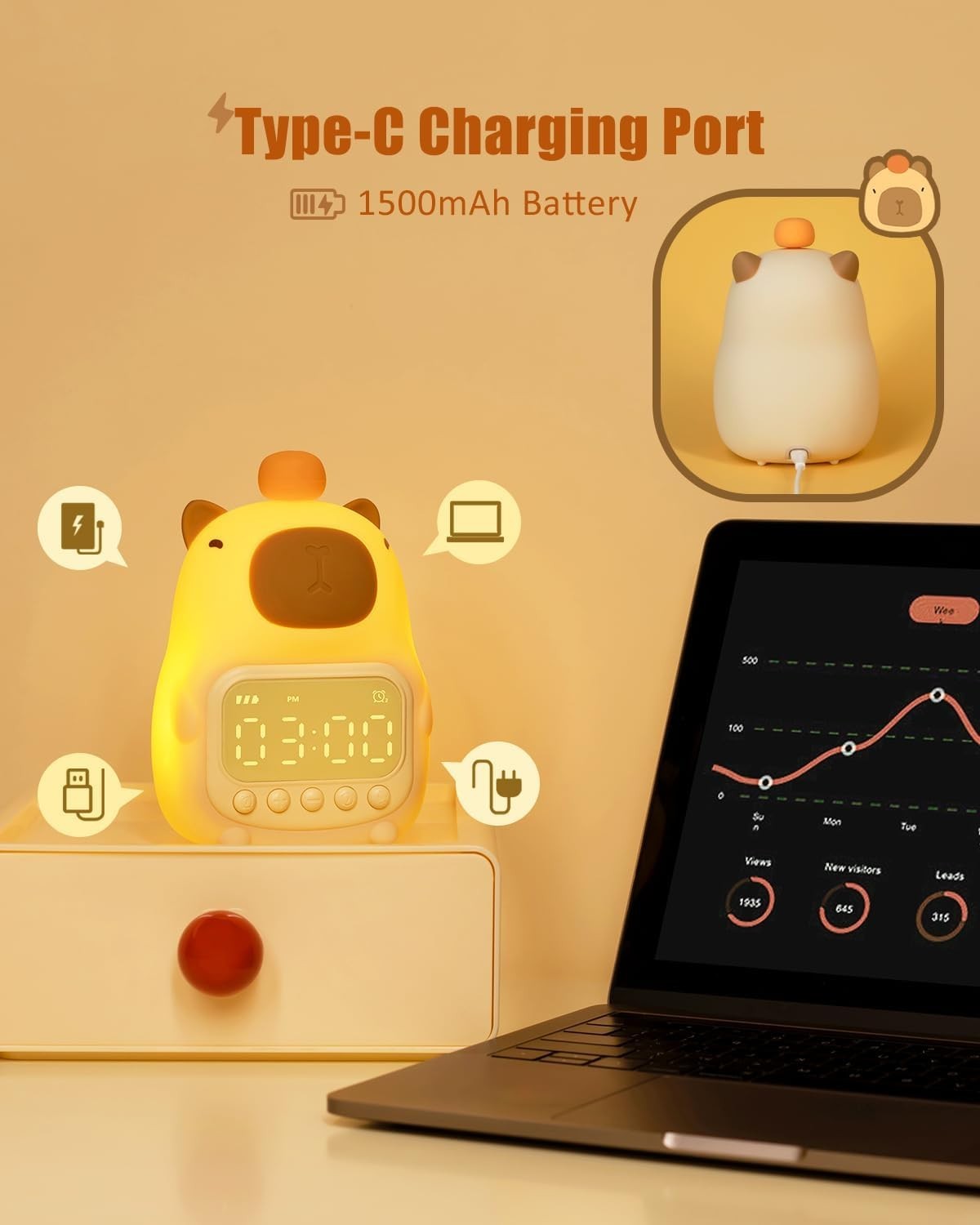 Cute Capybara Night Light Alarm Clock | Rechargeable Table Lamp for Kids & Teens