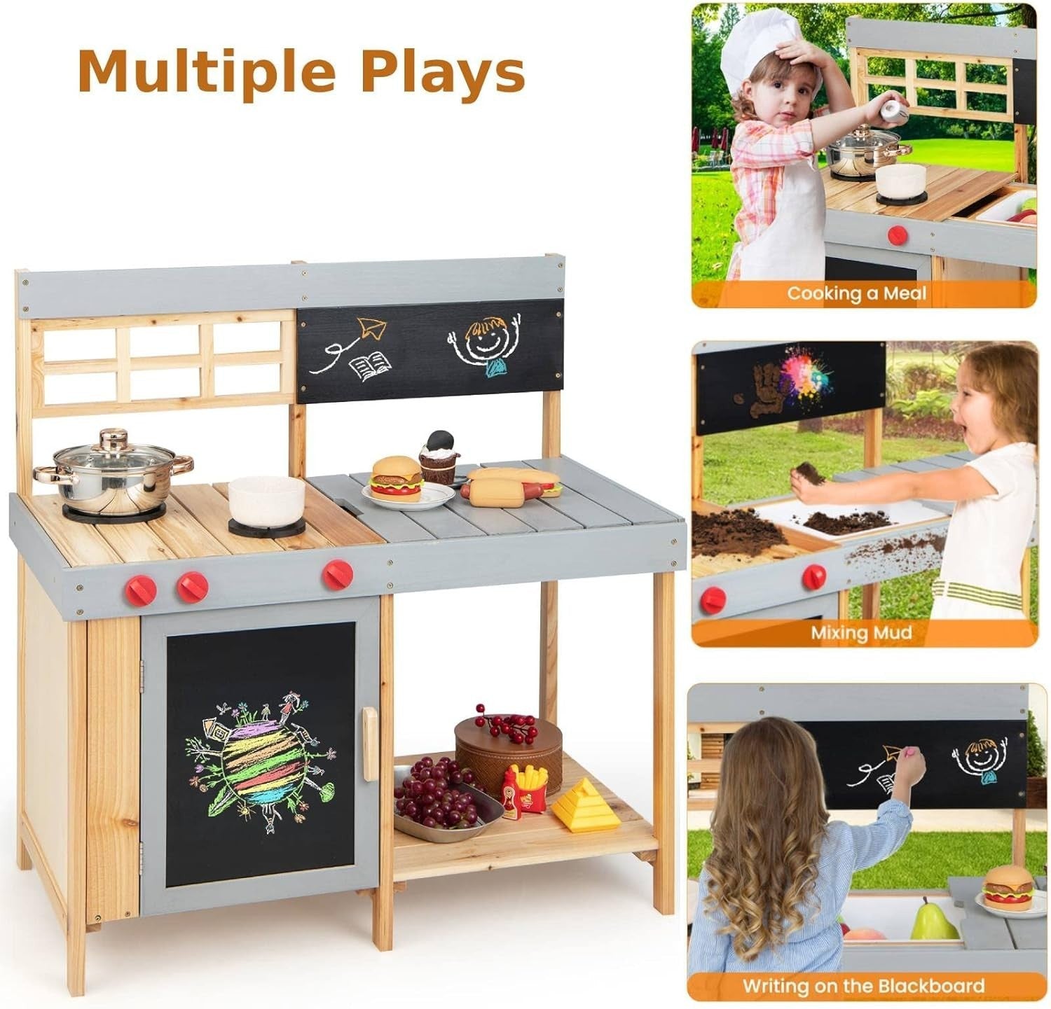 Outdoor Wooden Mud Kitchen Kids Playset Water Box Blackboard Toy