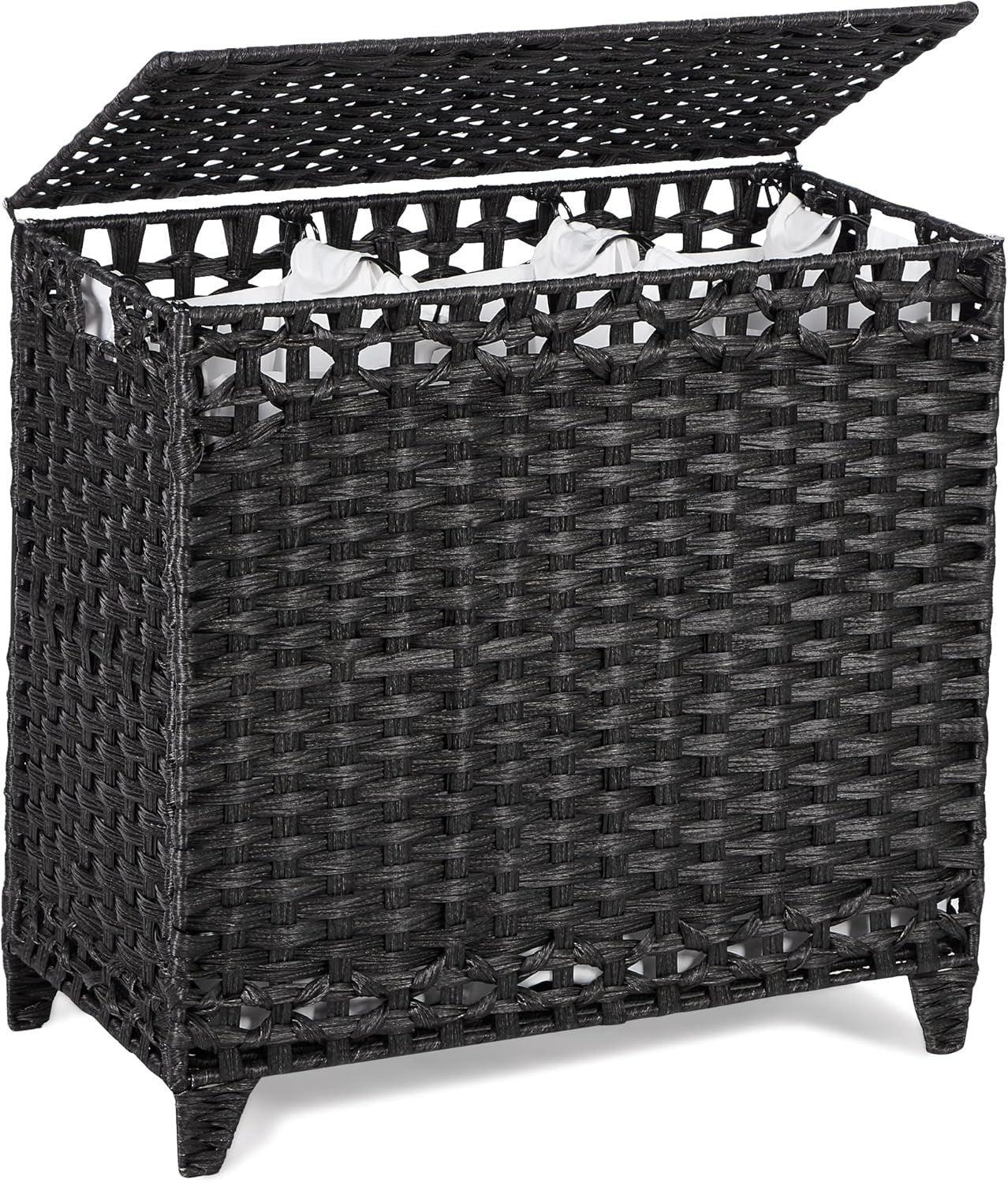 132L Black Rattan Laundry Hamper with Lid 3-Section Removable Liner Bags