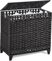 132L Black Rattan Laundry Hamper with Lid 3-Section Removable Liner Bags