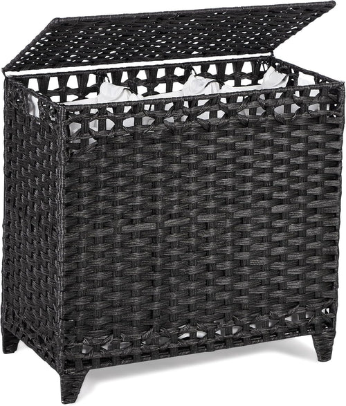 132L Black Rattan Laundry Hamper with Lid 3-Section Removable Liner Bags