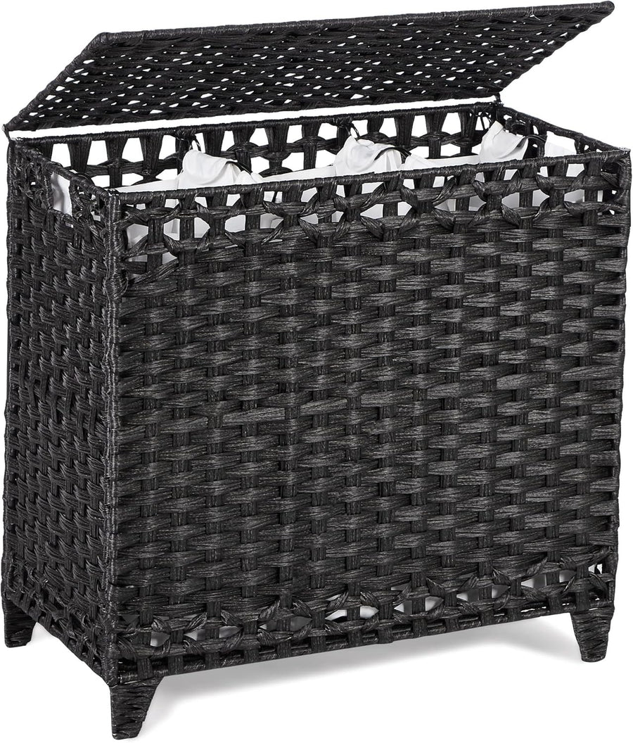 132L Black Rattan Laundry Hamper with Lid 3-Section Removable Liner Bags