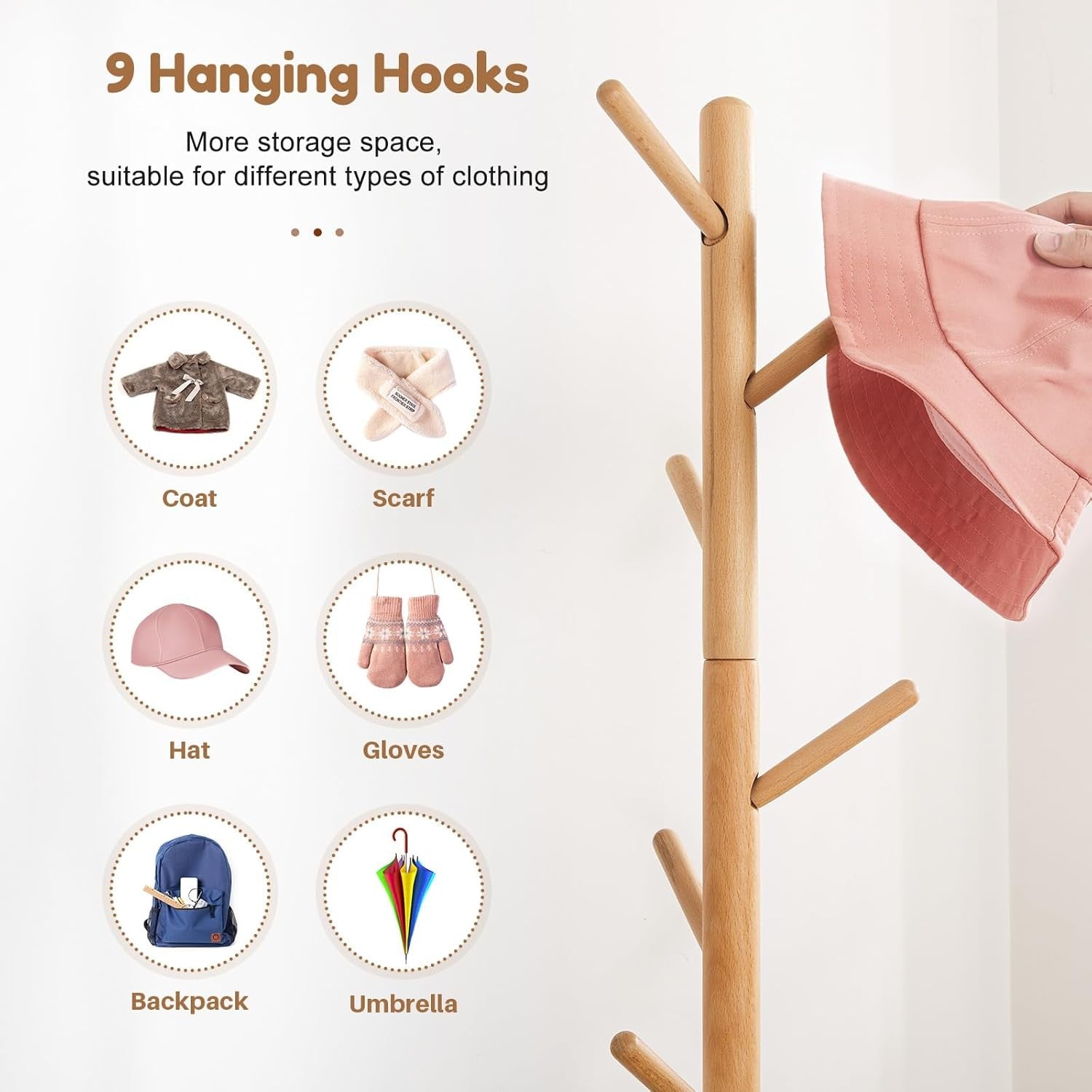 Kids Adjustable Wooden Coat Stand | 9 Hook Beech Wood Freestanding Rack