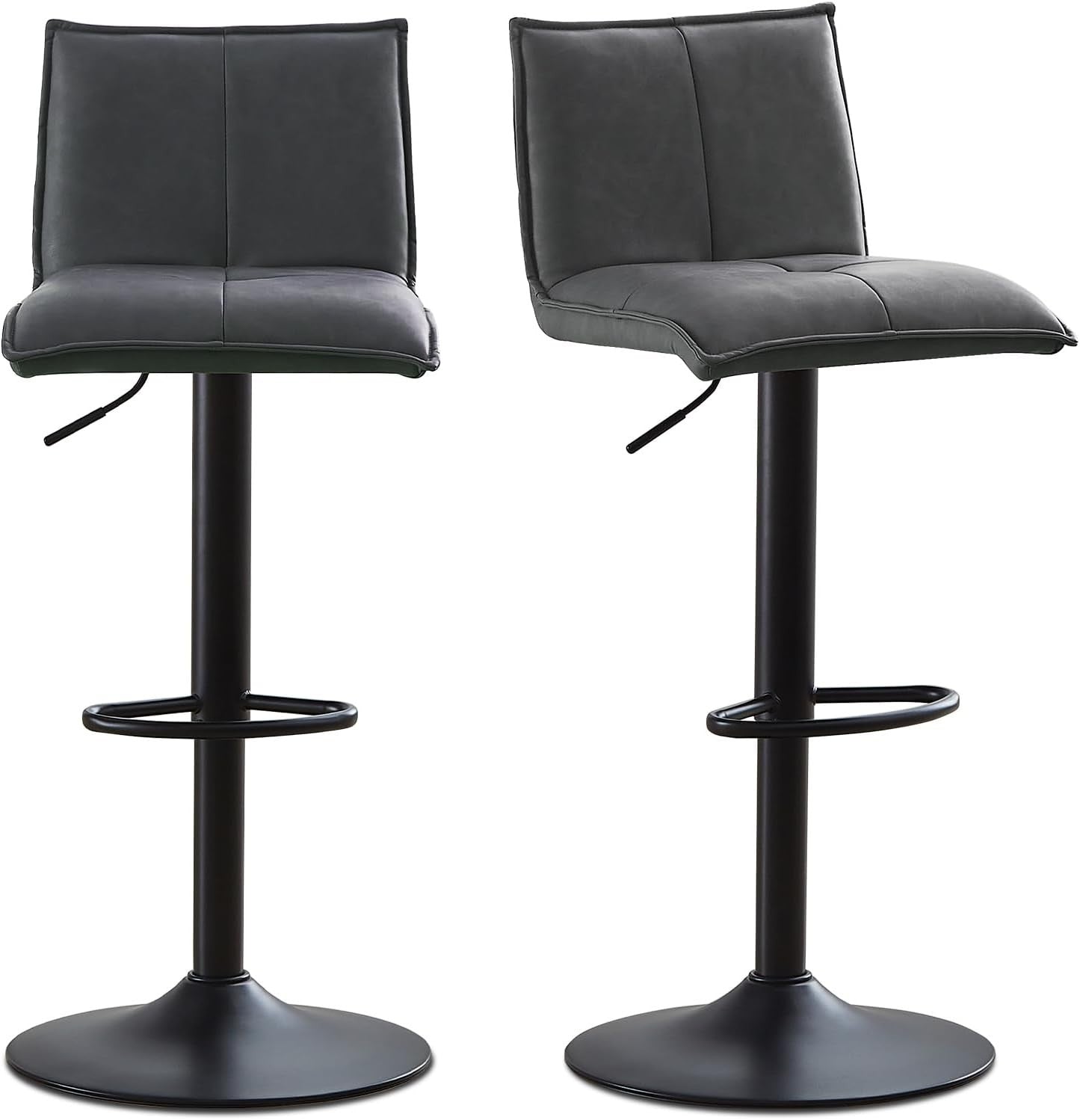 Grey Faux Leather Bar Stool Set of 2 Adjustable Swivel Kitchen Chairs