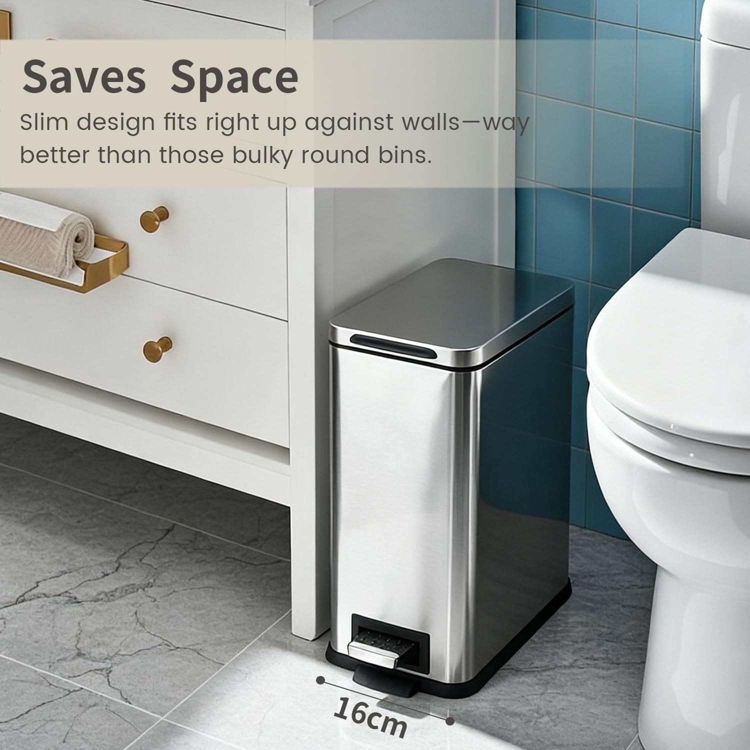 10L Slim Stainless Steel Pedal Bin Soft Close Bathroom Silver