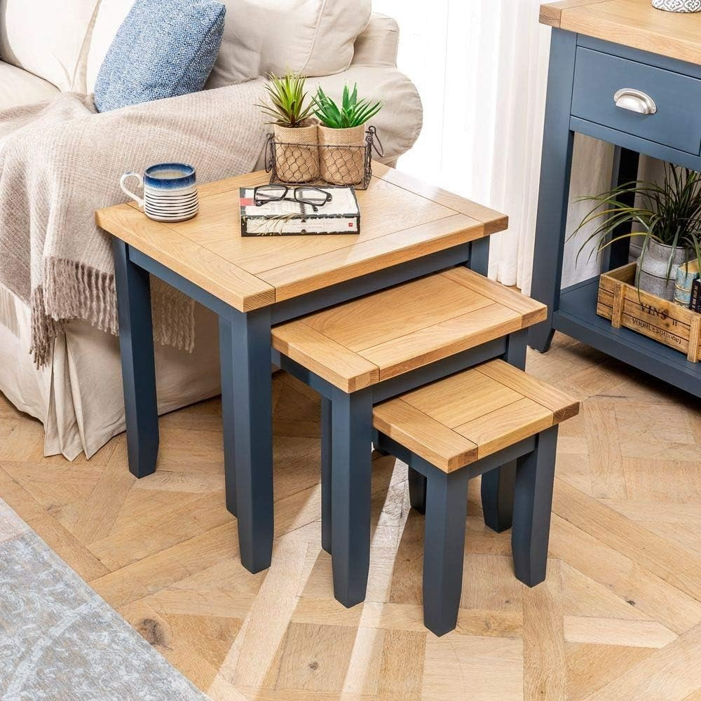 Blue Oak Nesting Coffee Side Tables Set of 3 Wood Rectangular Easy Assembly