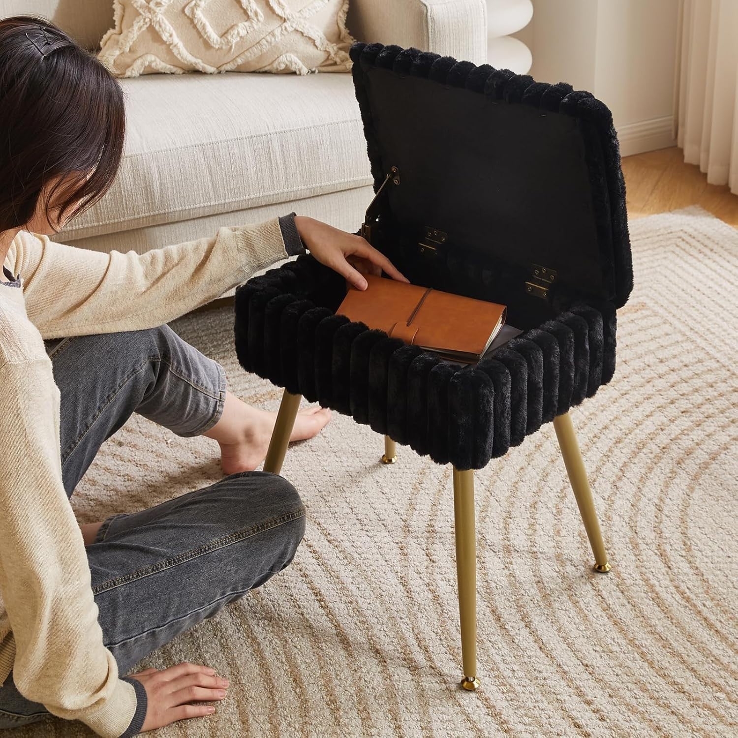 Black Velvet Vanity Stool with Storage – Rectangular Makeup Chair