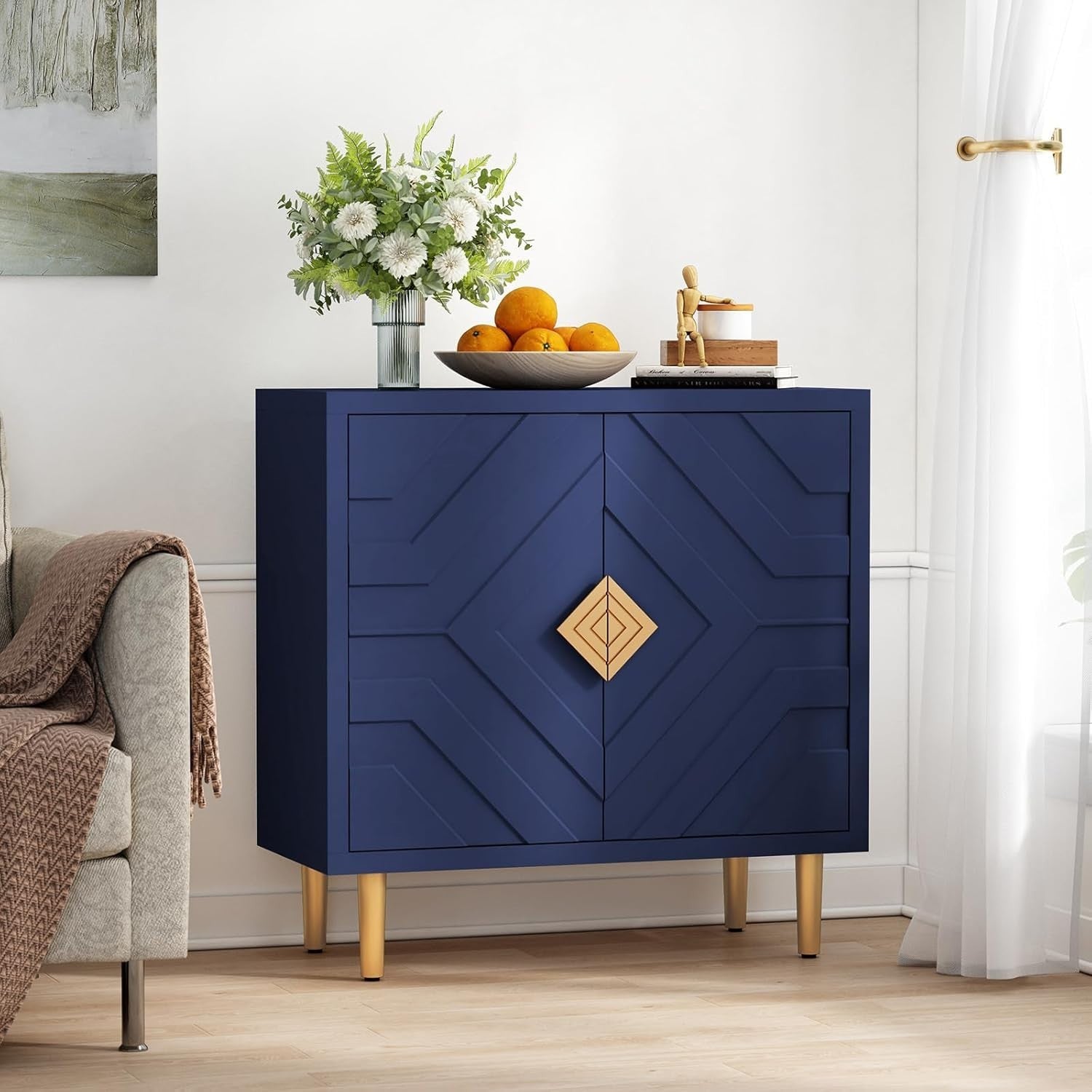 Modern 2-Door 3D Embossed Sideboard Storage Cabinet Blue with Gold Legs