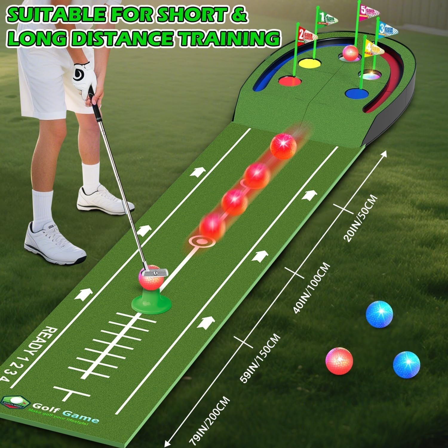 Kids Indoor Golf Putting Mat Game Set LED Balls Portable Practice Green