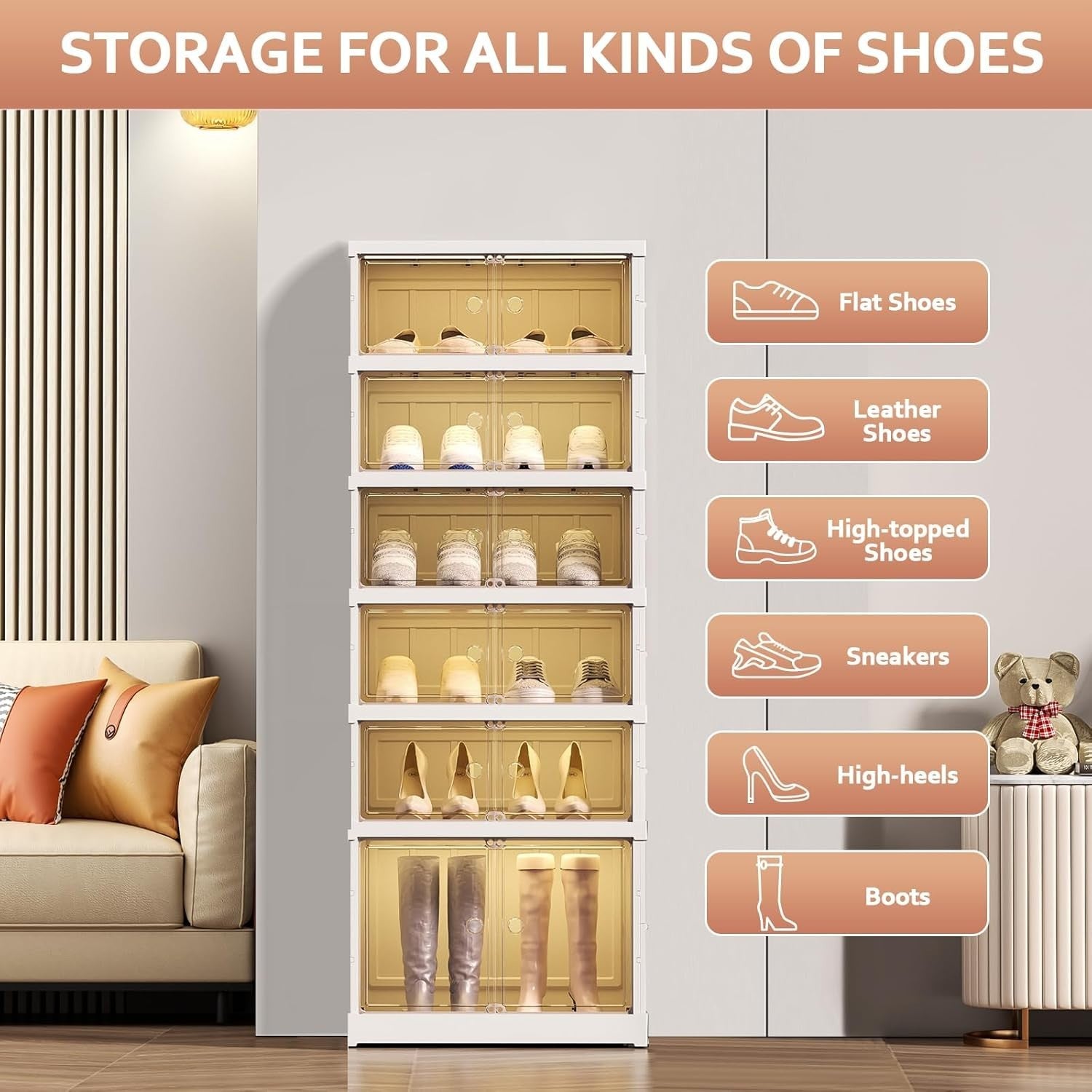 6-Tier Foldable Shoe Cabinet with Transparent Doors, 44x34.5x117 cm
