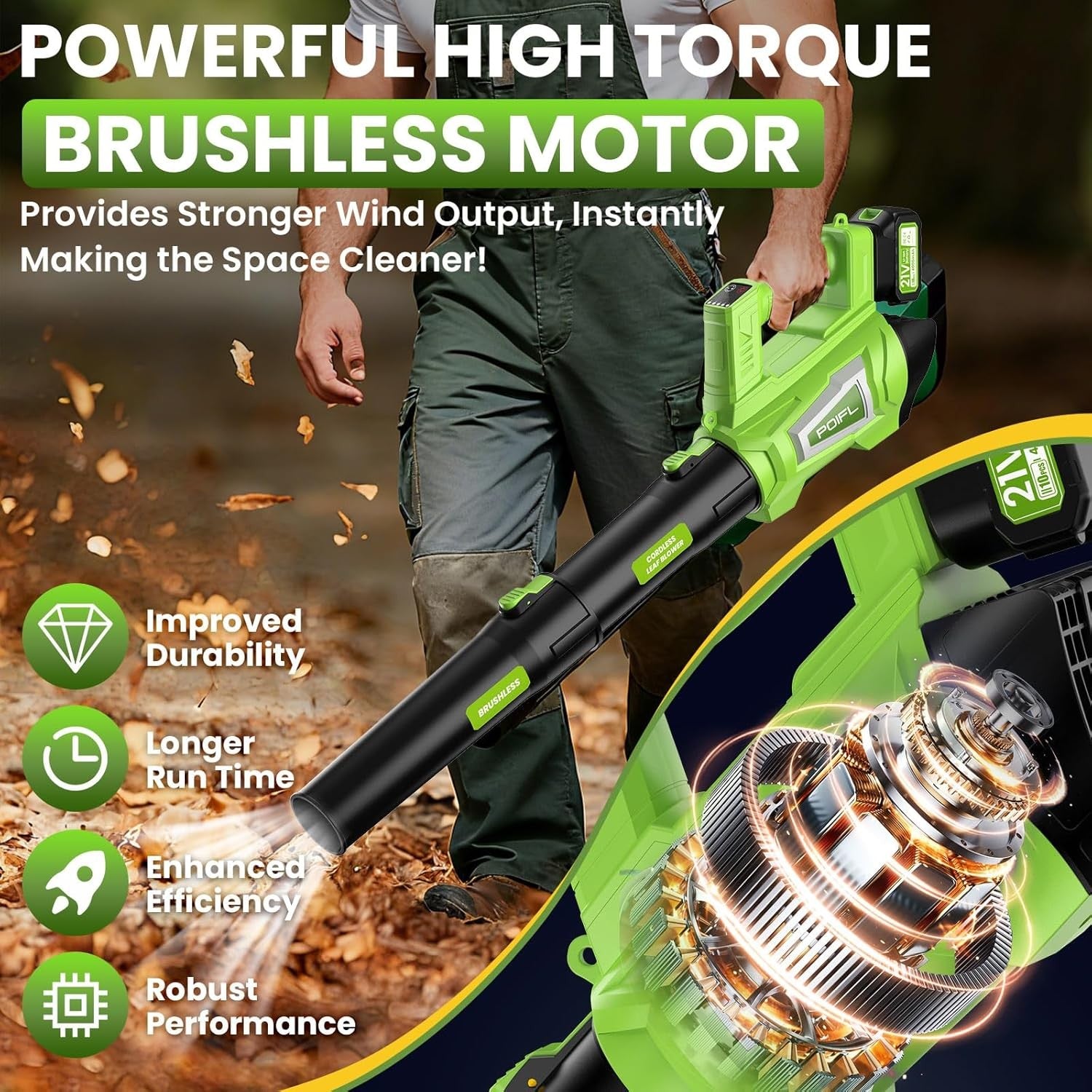 Cordless Leaf Blower 21V Dual Battery Brushless 6 Speed 245km/h Turbo