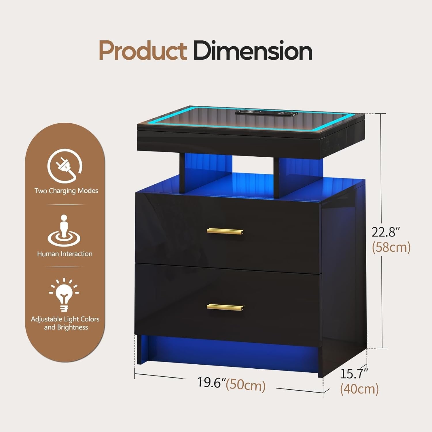 Set of 2 Black LED Bedside Tables with Wireless Charging, Glass Top & Drawers