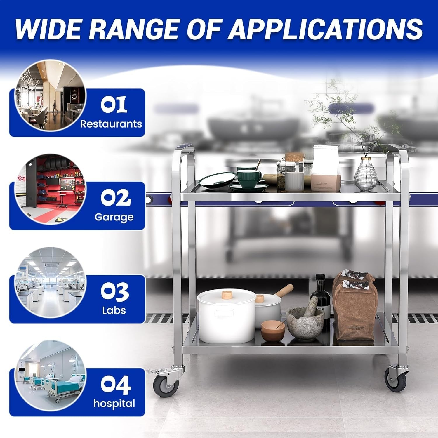 Stainless Steel 2 Tier Kitchen Trolley 95cm Heavy Duty Cart