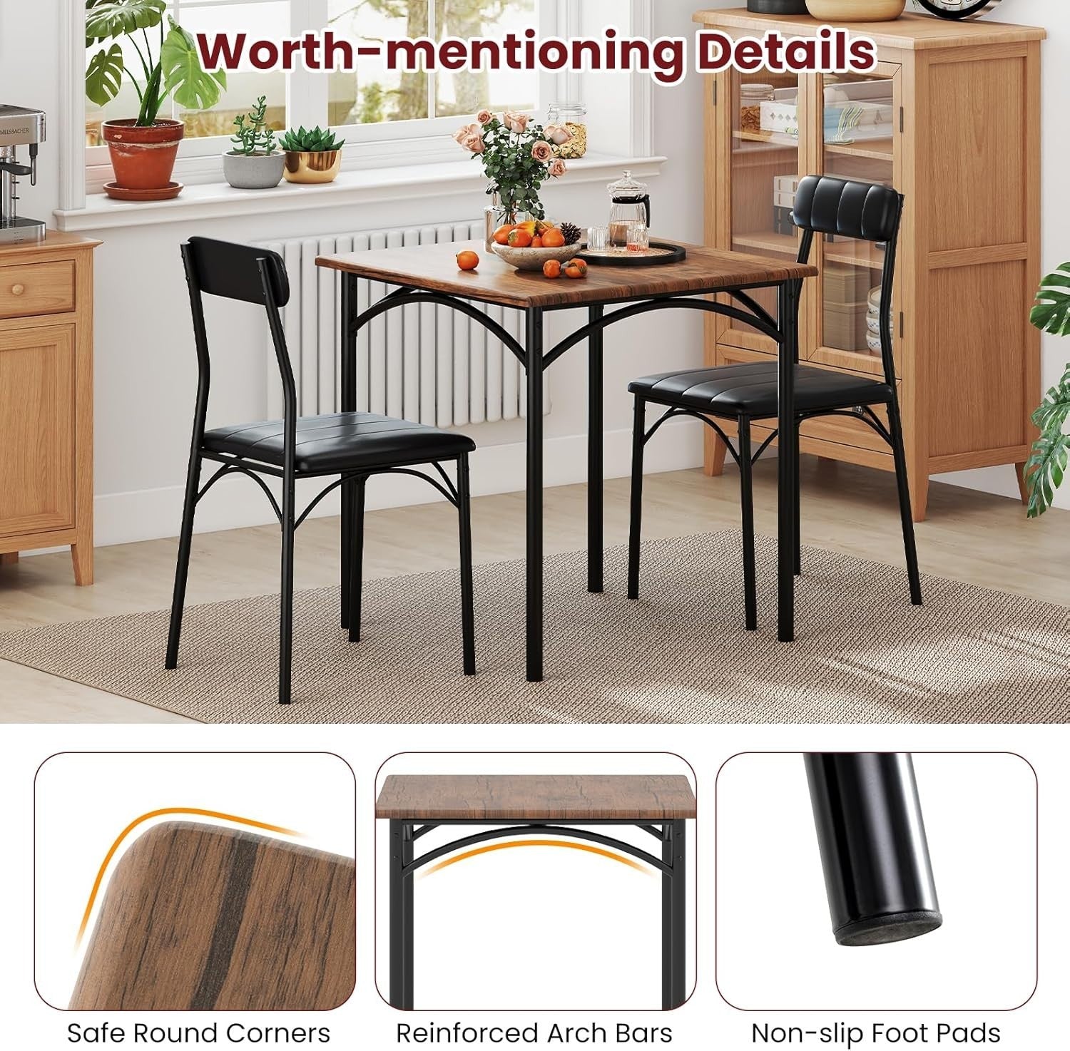 Compact 3-Piece Dining Set with Padded Chairs | Space-Saving Kitchen Table