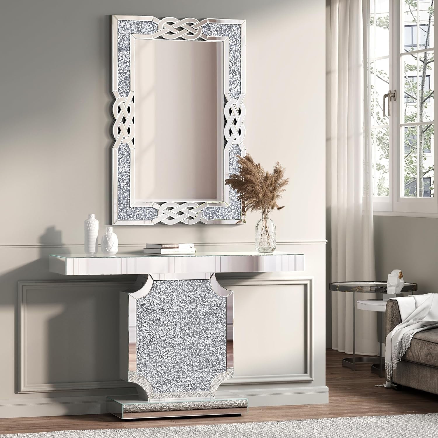 Large 120x80cm Silver Crushed Diamond Wall Mirror with Art Deco Frame