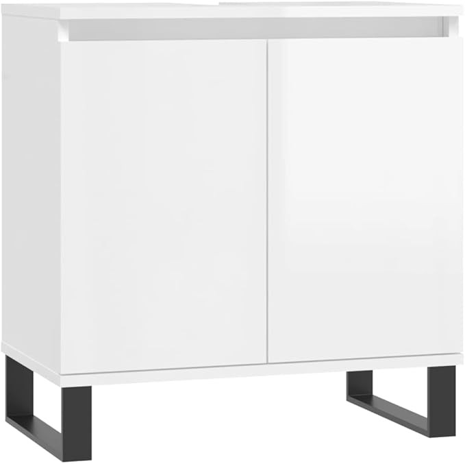 White High Gloss Under Sink Bathroom Cabinet 58cm Modern Vanity Unit w/ Metal
