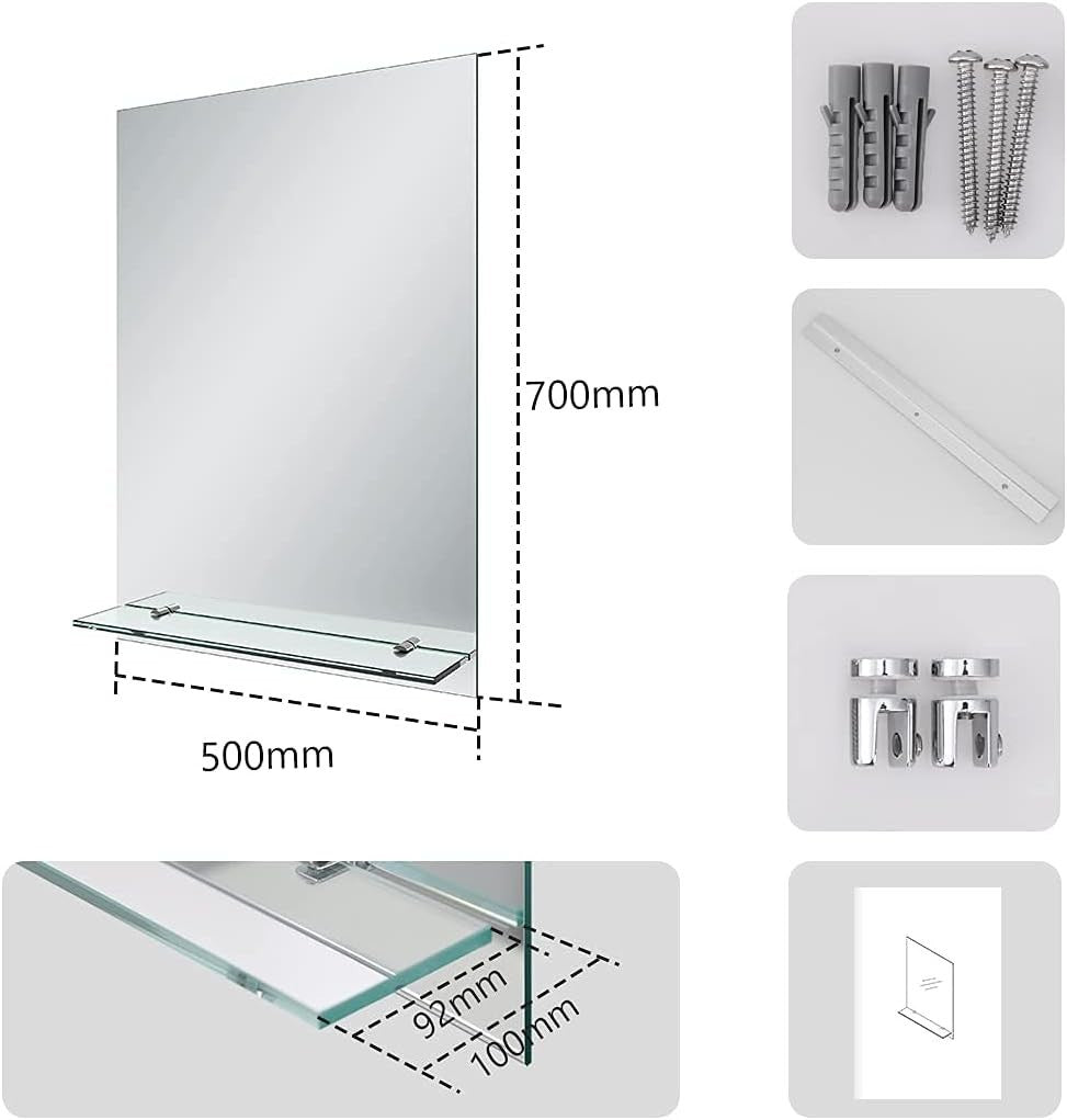 Frameless Wall Mirror with Shelf 50x70cm Bathroom Vanity Storage