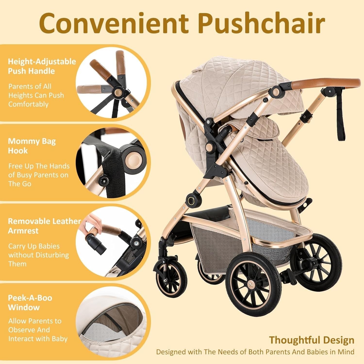 3-in-1 Baby Stroller Travel System Beige 0-4Y Adjustable Handle Car Seat