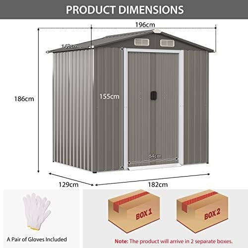 6x4FT Metal Garden Storage Shed with Vents, Sliding Door & Ramp, Weatherproof