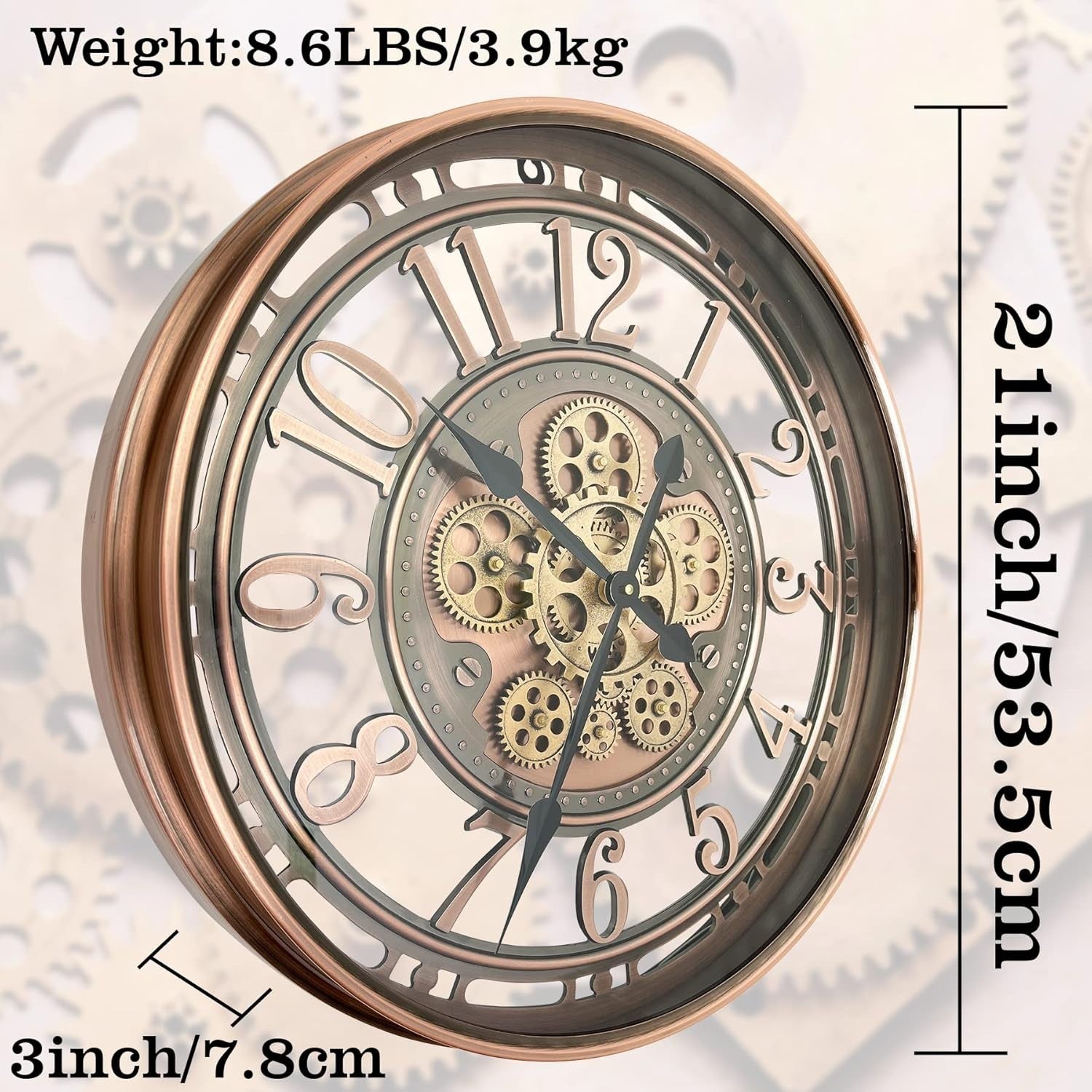 Large Steampunk Wall Clock Moving Gears Silent Vintage Metal 53.5cm