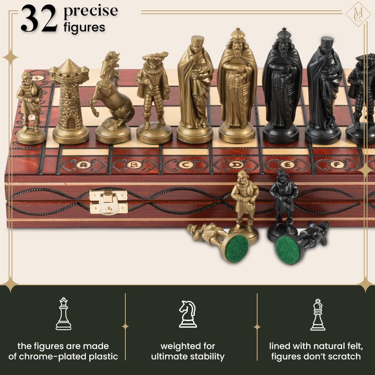 Luxury Medieval Chess Set 42cm Foldable Wooden Board Weighted Pieces Gift