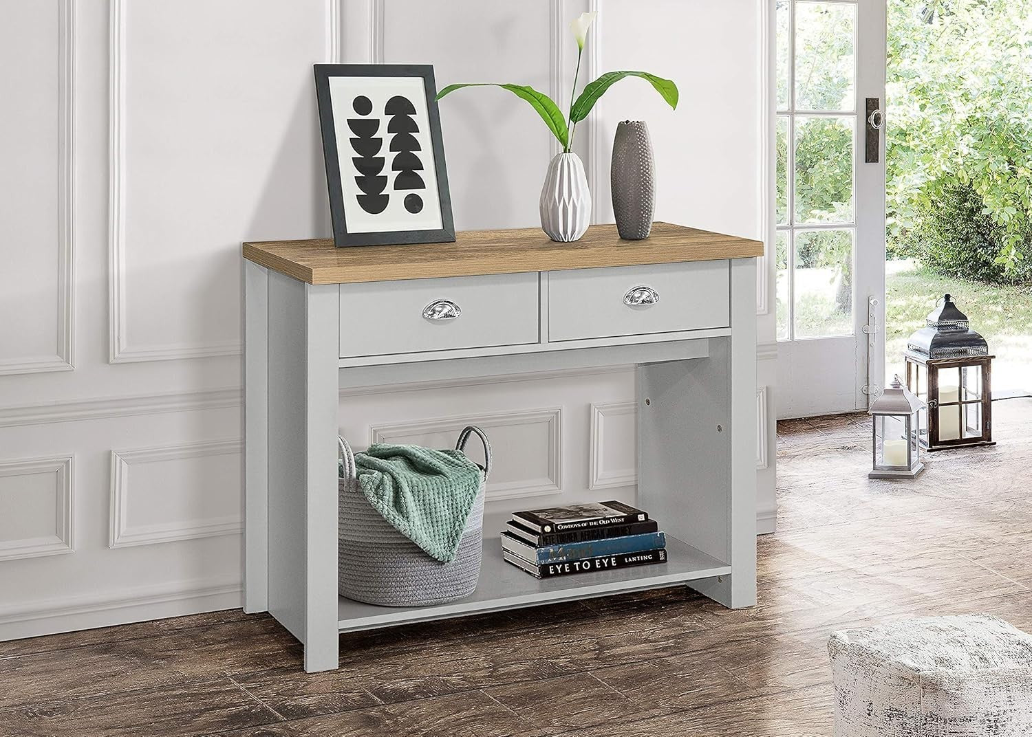 Grey 2 Drawer Console Table Oak Top - Farmhouse Style Storage Shelf