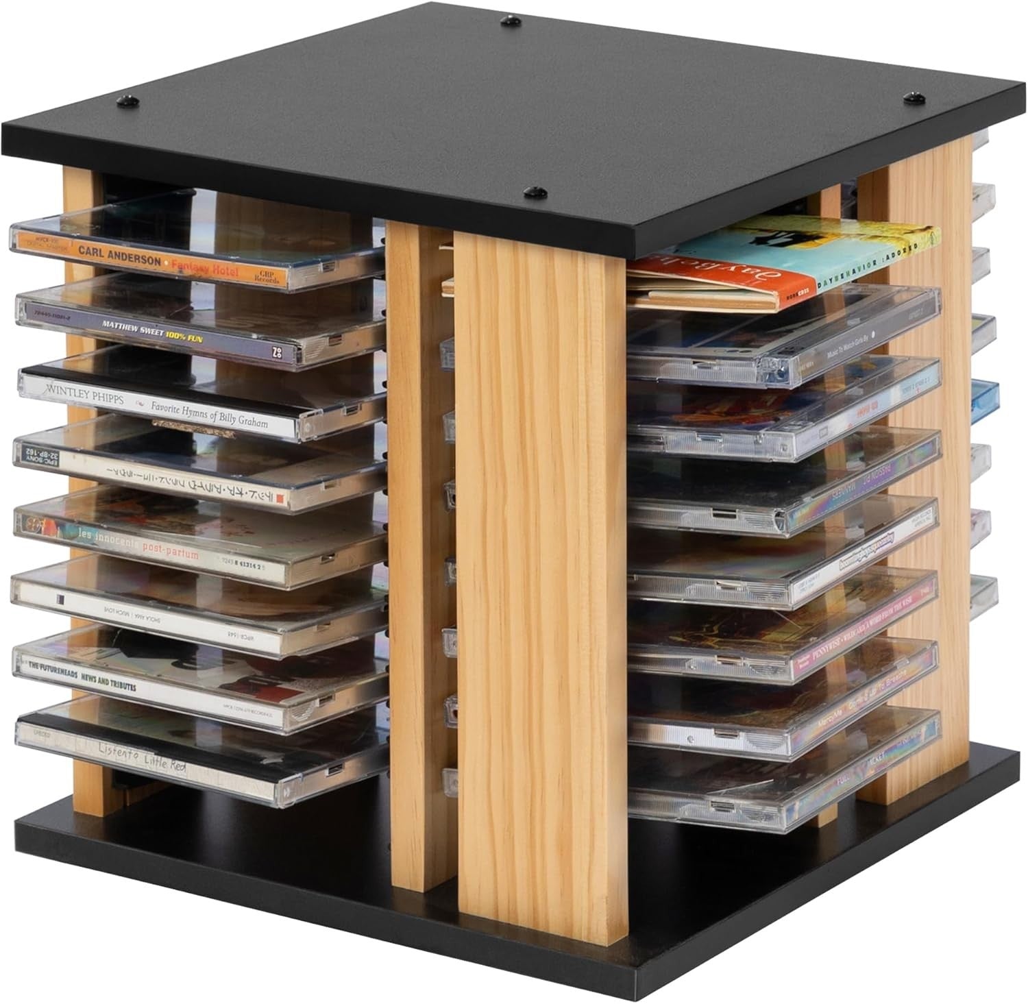 360° Rotating CD Storage Rack Holds 68 Cases Wood Organizer Black