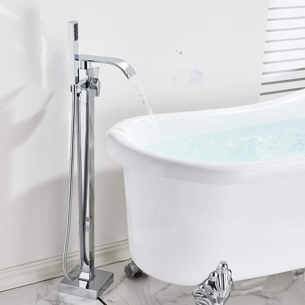 Chrome Freestanding Bath Mixer Tap with Handheld Shower Floor Mounted Brass