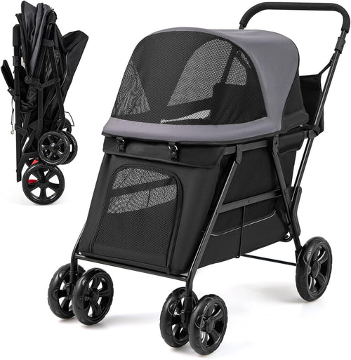 Foldable Dog Stroller Pet Pushchair Ramp Entry 4 Wheel Travel Buggy