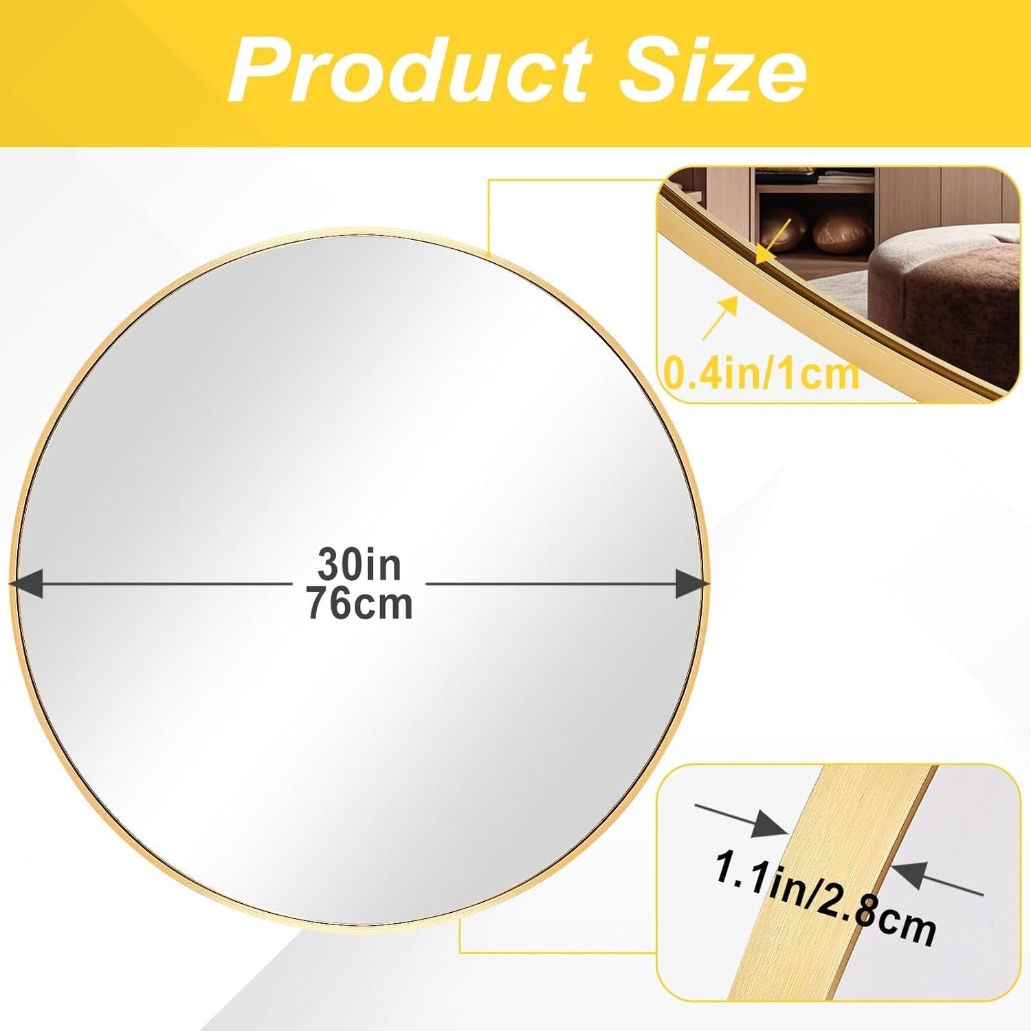 Gold Round Wall Mirror 76x76 cm Metal Frame for Bathroom & Vanity