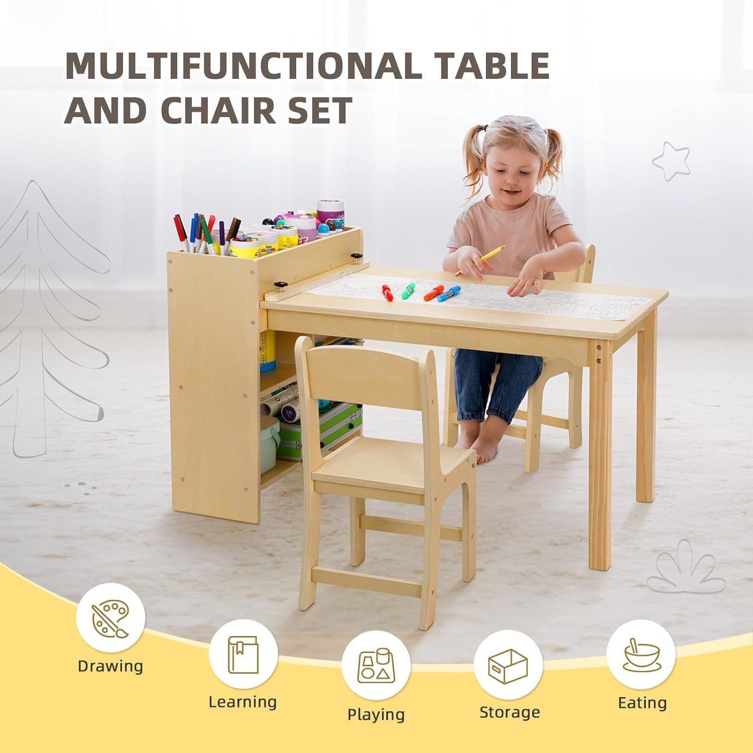 Kids Art Table & 2 Chairs with Storage Shelves Wooden Activity Play Desk