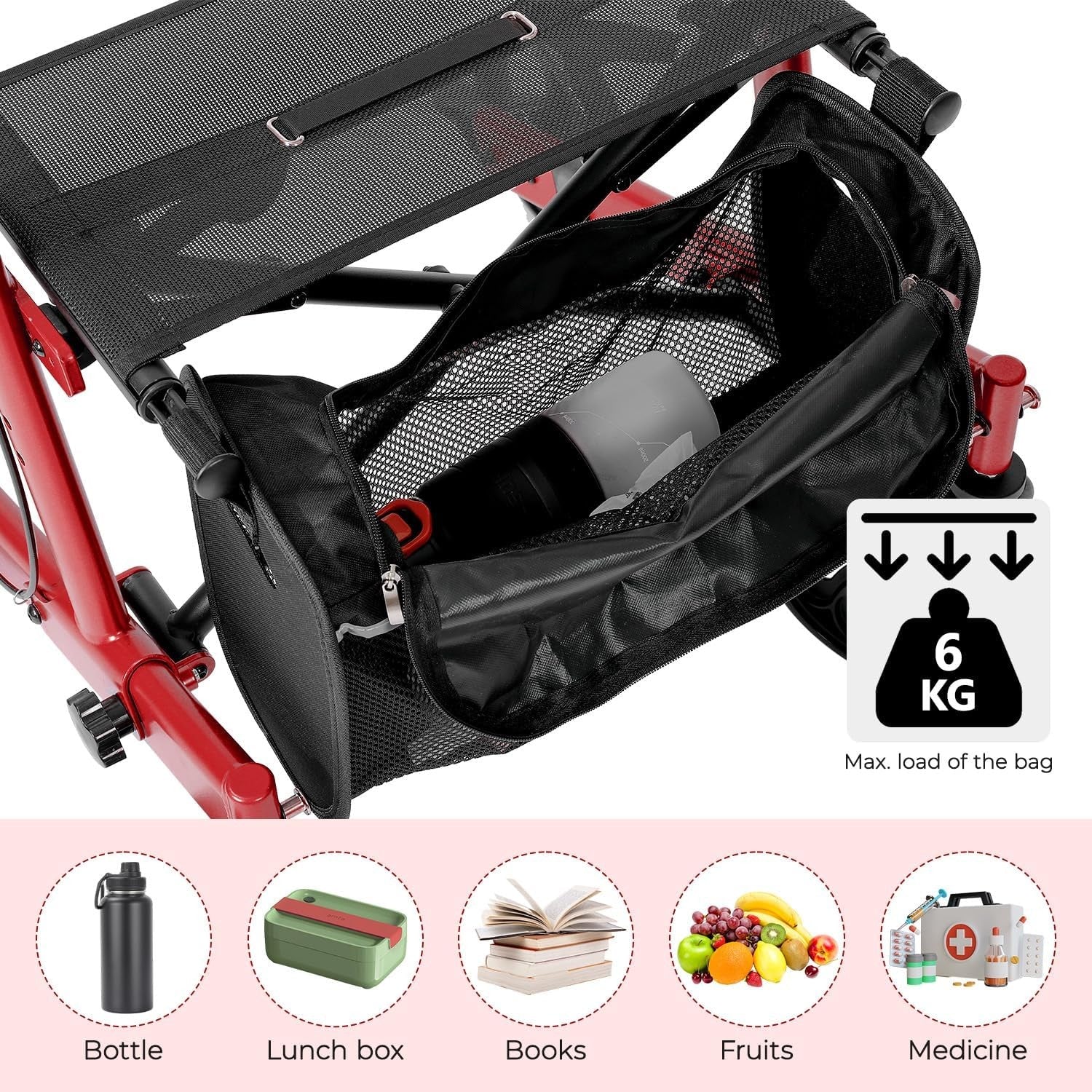 Lightweight Folding Rollator Walker 4 Wheel Seat Bag 300lb Red