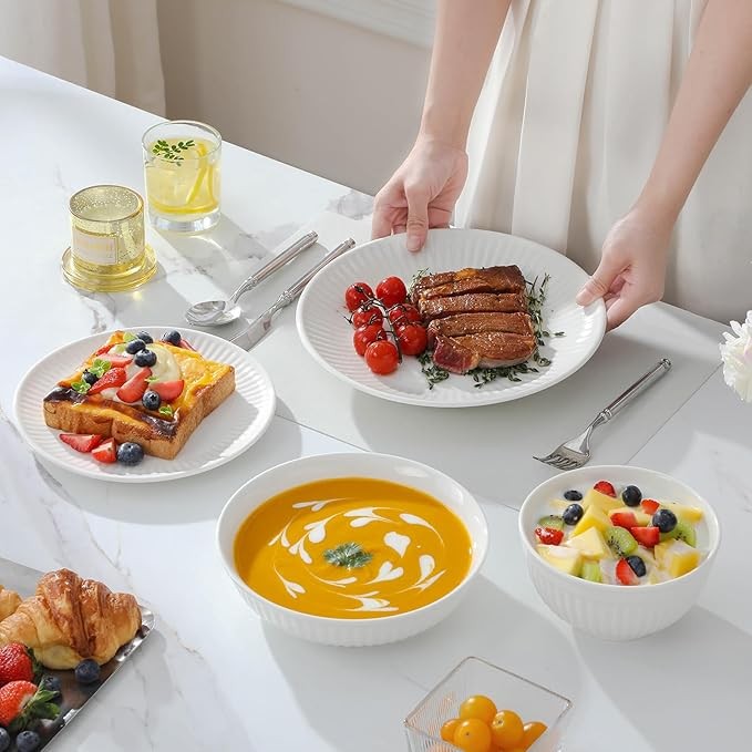24 Piece White Dinner Set for 6 Embossed Porcelain Plates Bowls Elegant