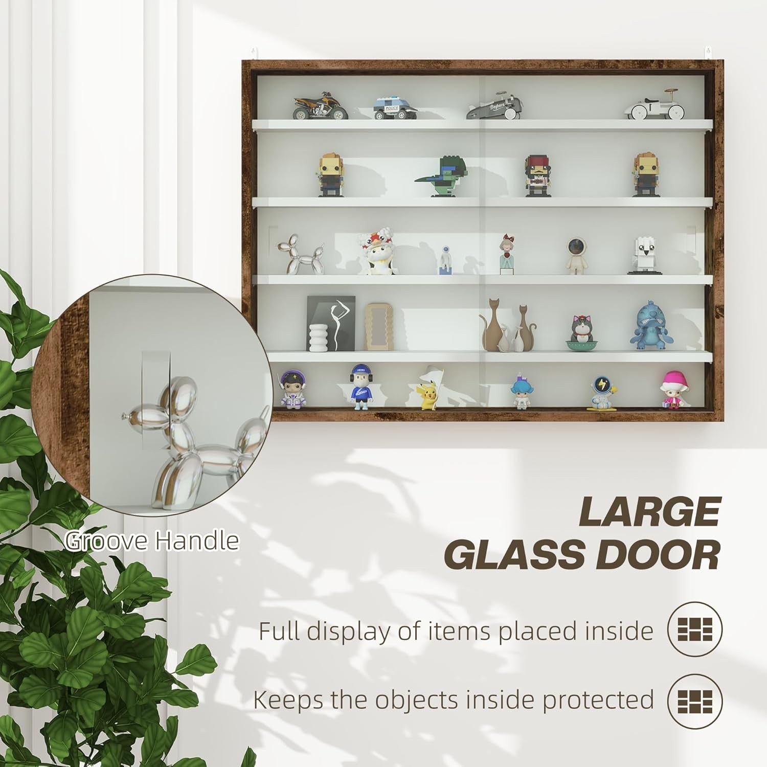 5-Tier Rustic Brown Display Cabinet | Wall-Mounted Glass Sliding Door Shelf 60×8