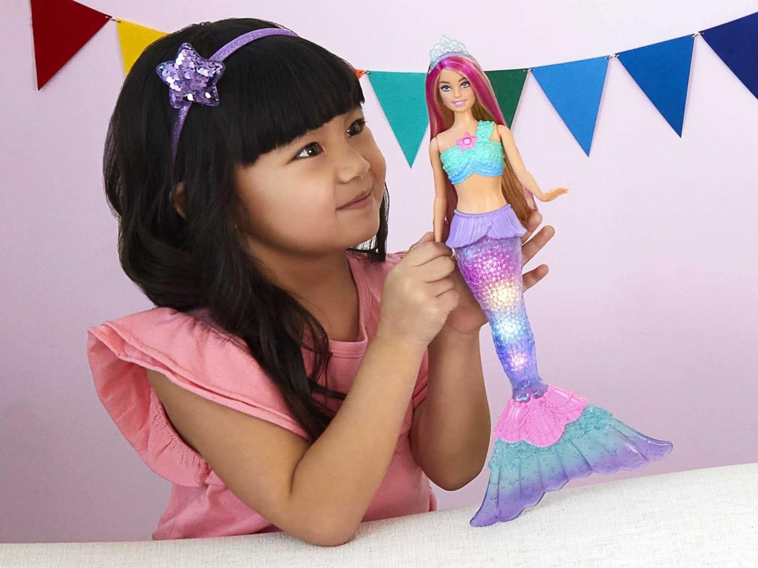 Mermaid Doll Light-Up Tail Water Activated Pink Hair Bath Toy