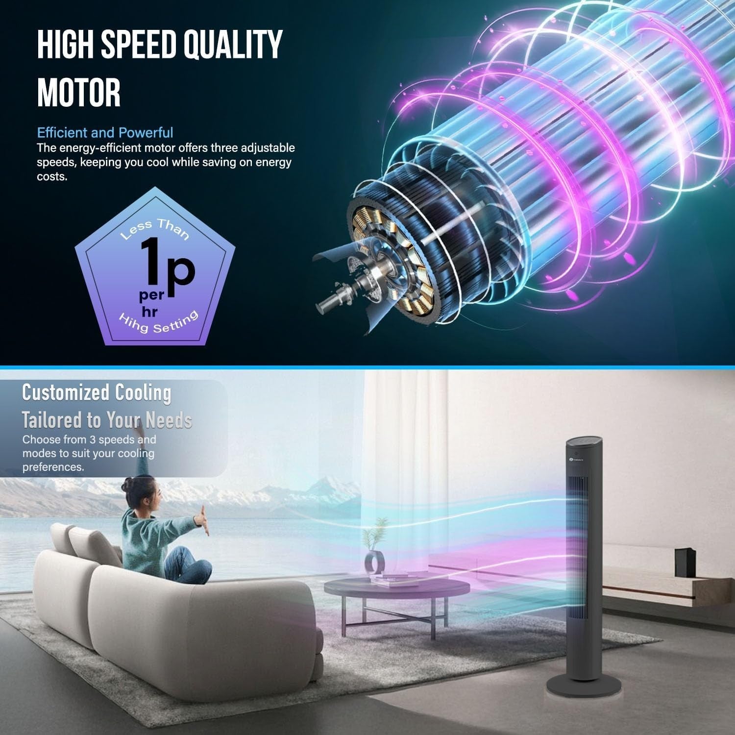 Cool Bladeless Tower Fan 43in – 3 Speed Remote Control Quiet Standing Fan Black