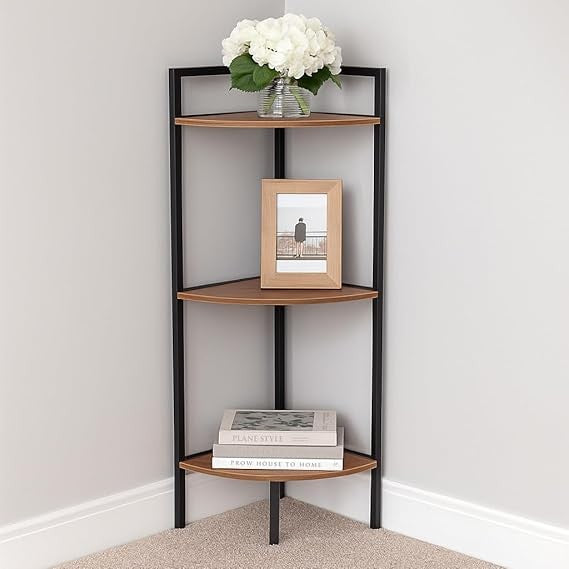 Rustic 3-Tier Corner Shelf Unit – Space Saving Metal & Wood Display Stand