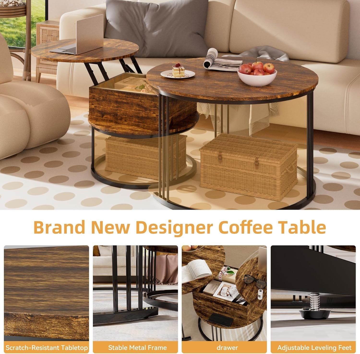 Round Nesting Coffee Table Set Lift Top Storage Wood Rustic Brown Easy Assembly