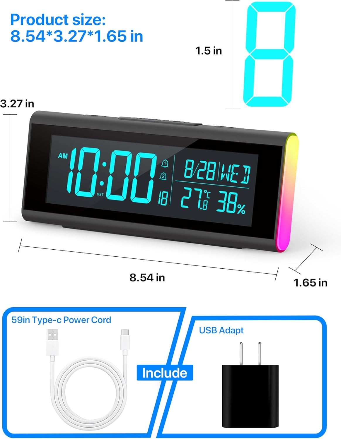 Large LED Alarm Clock Color Night Light Temperature Display Heavy Sleepers