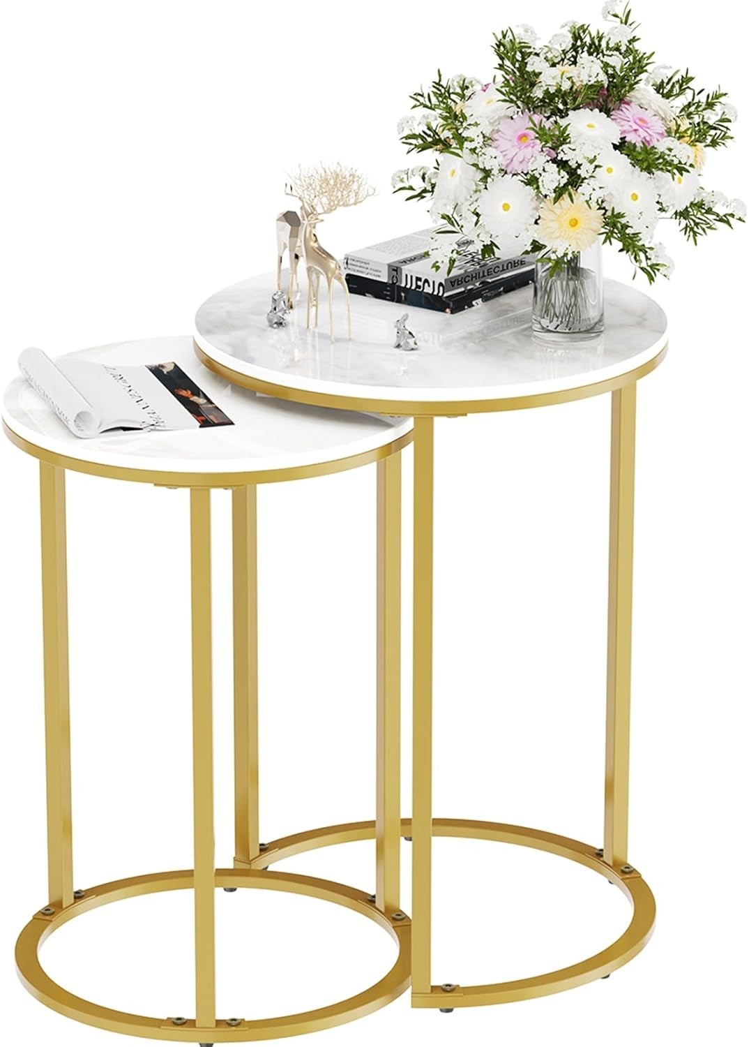 Round Gold Side End Table Marble Top Living Room Sofa Bedside C-Shape Nesting