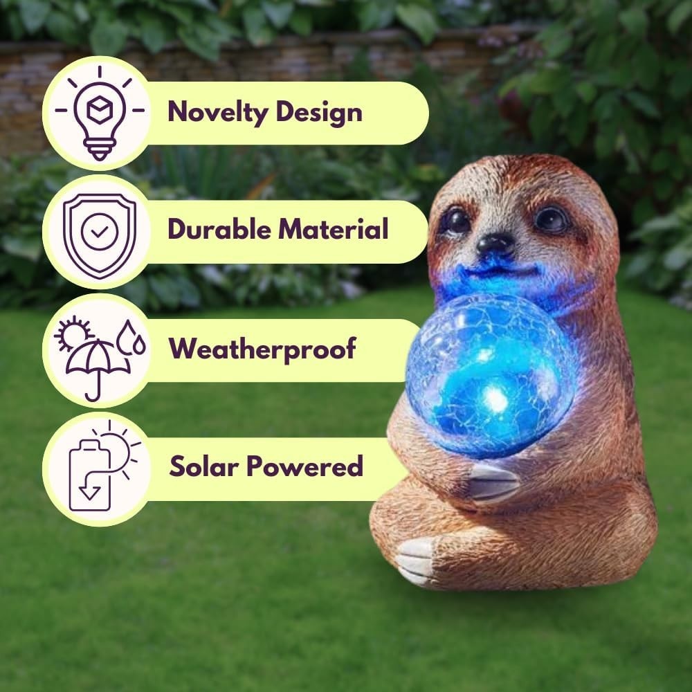 Solar Sloth Garden Ornament 37cm Crackle Ball LED Light Outdoor Patio Decor Gift