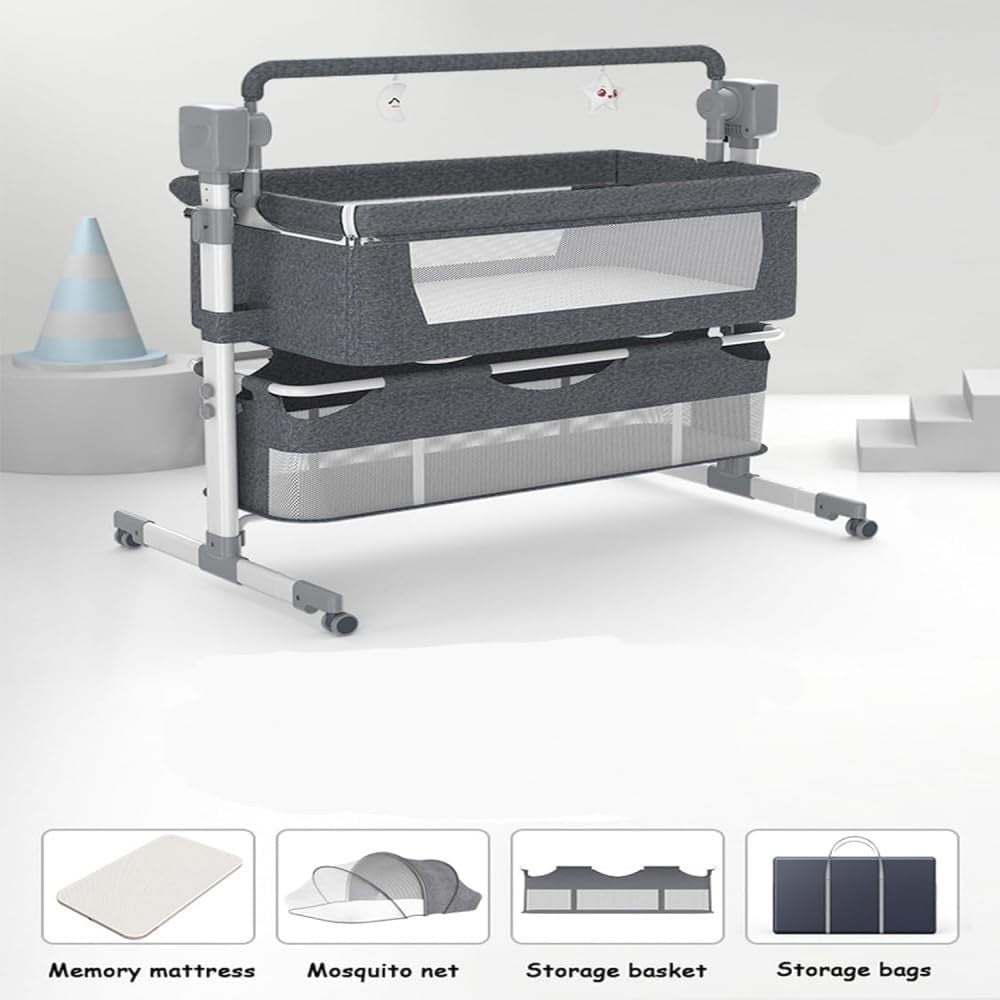 Adjustable Baby Bedside Crib Electric Co-Sleeper with Mattress & Storage Khaki
