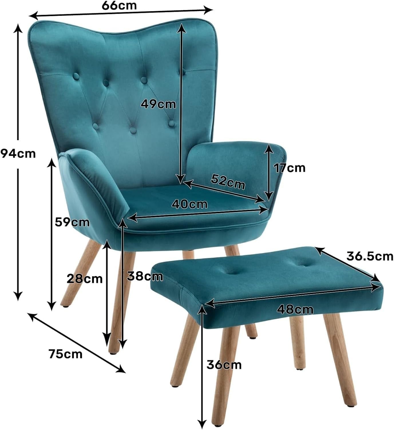 Teal Velvet Armchair with Footstool, Comfy Reading Lounge Chair Set