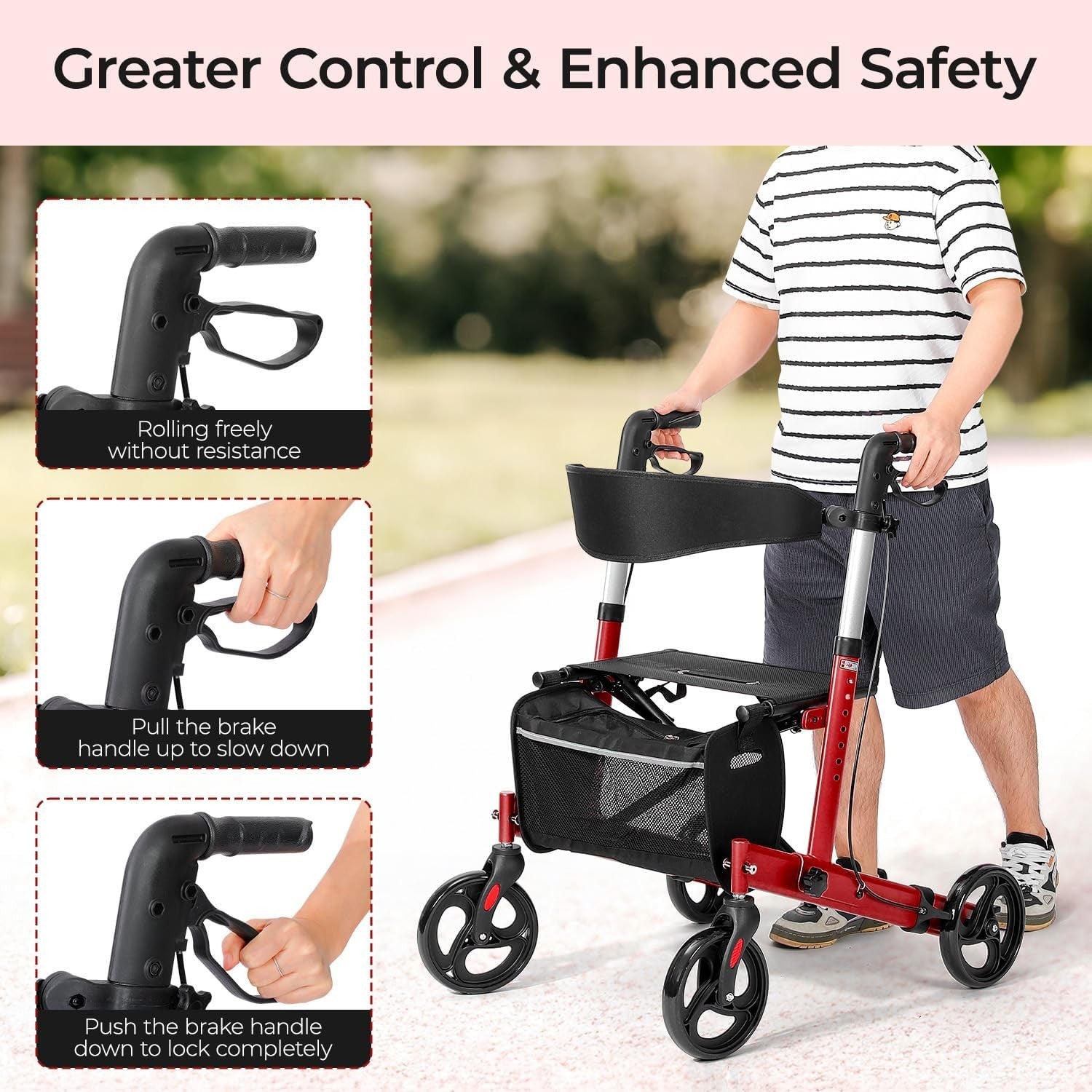 Lightweight Folding Rollator Walker 4 Wheel Seat Bag 300lb Red