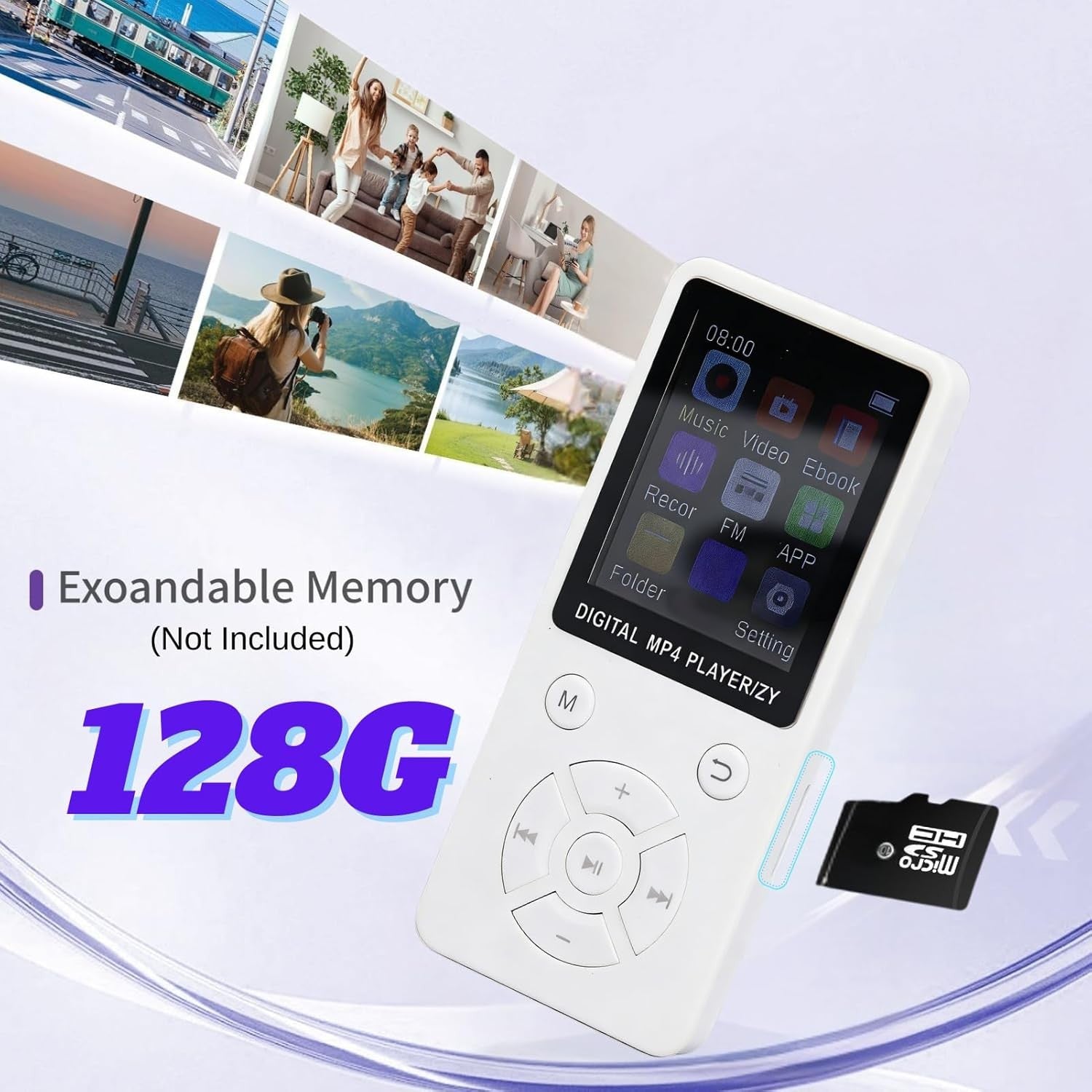 64GB Bluetooth 5.0 MP3 MP4 Player 1.8" LCD FM Radio White