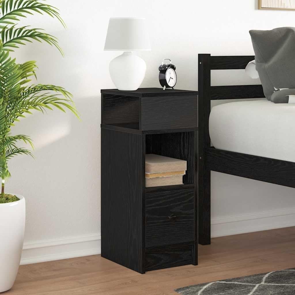 Black Bedside Table with Drawer & Shelves | Slim Modern Nightstand