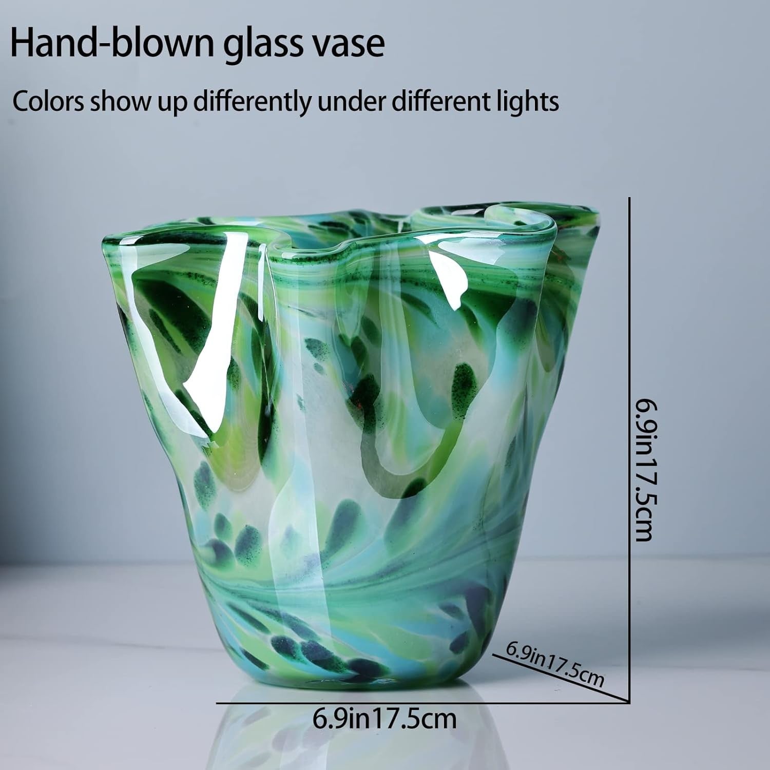 Hand Blown Teal Glass Vase Modern Irregular Wide Mouth Art Home Decor