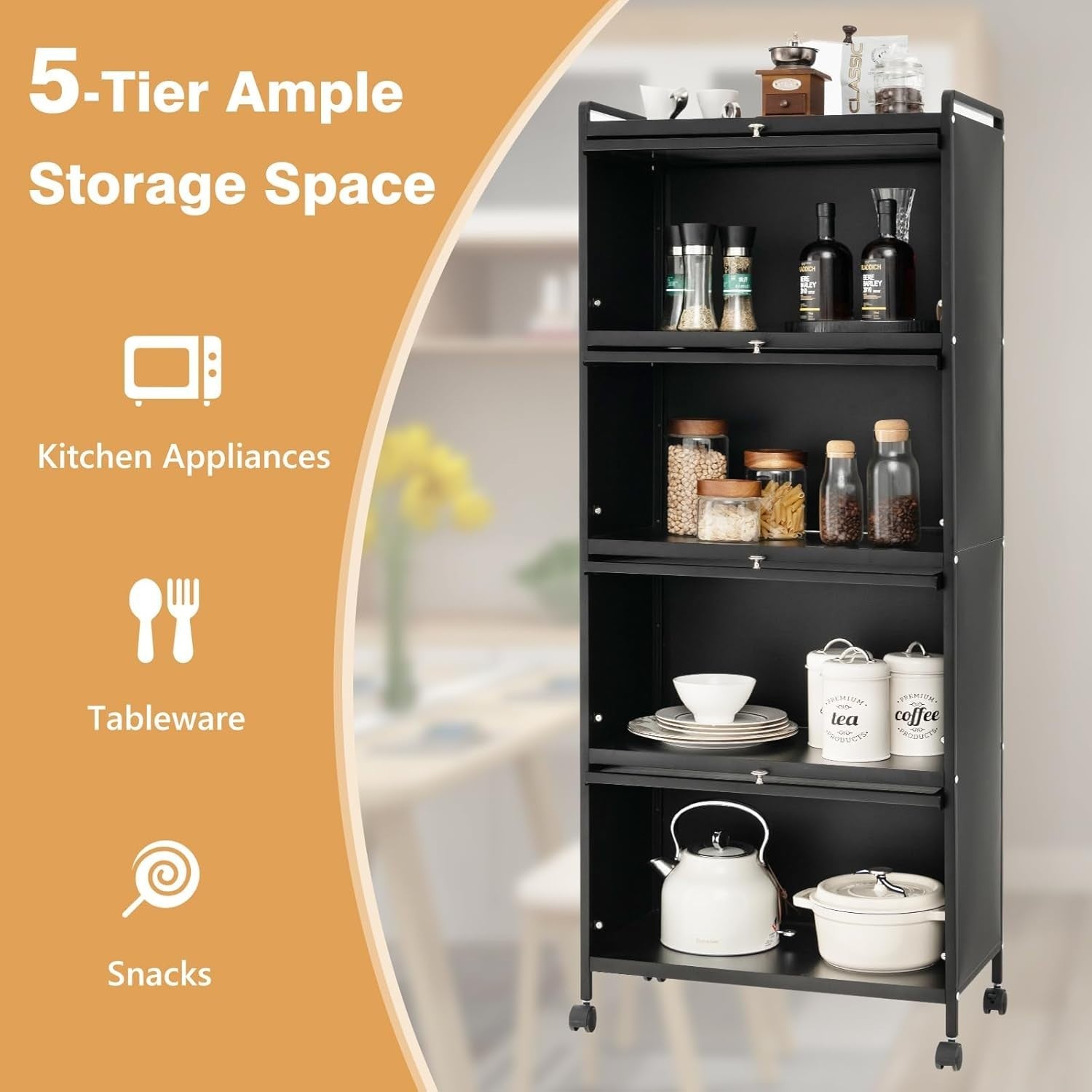 60x32x154cm Black Rolling Kitchen Cabinet 5-Tier Pantry Storage with Wheels