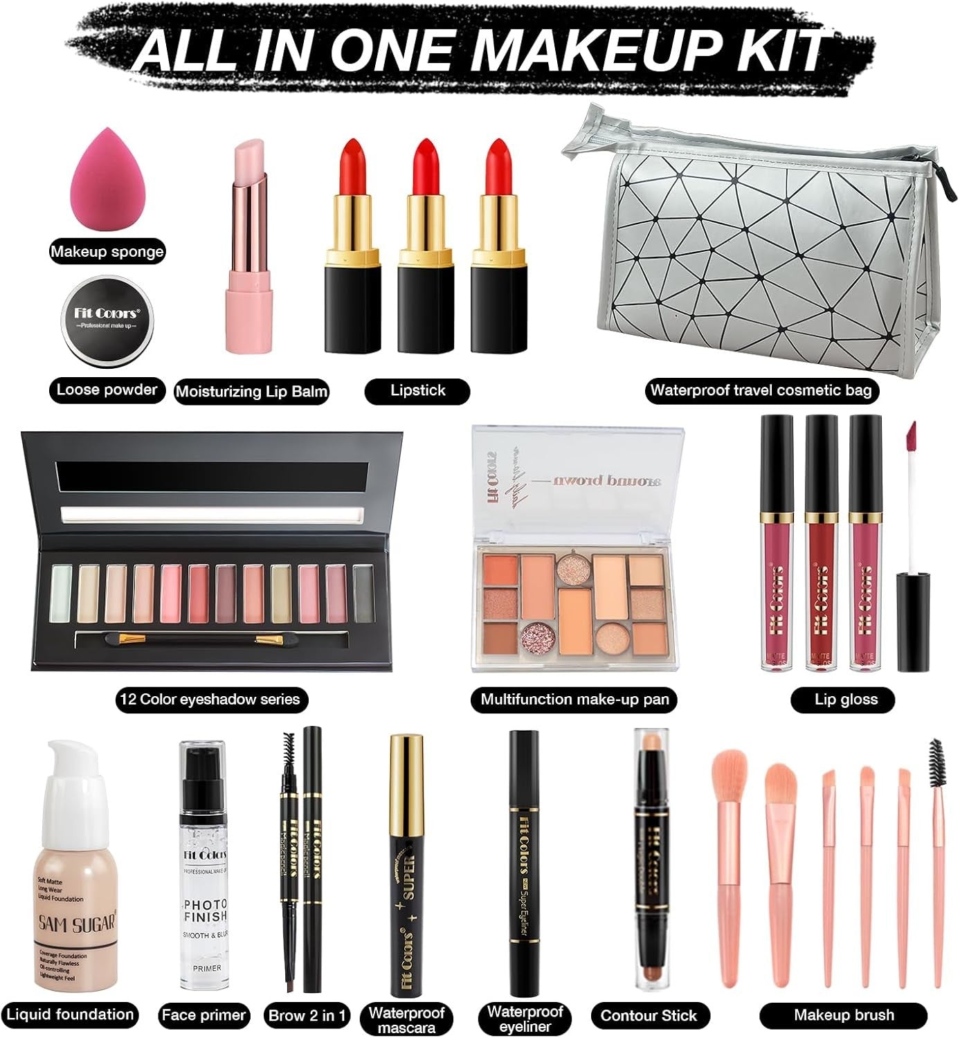 Proamate Makeup Kit – Eyeshadow, Lipstick, Brushes & Travel Bag