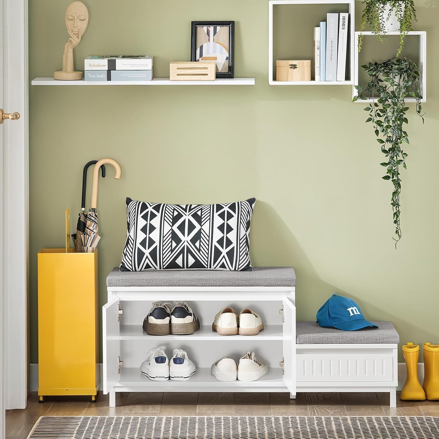 Shoe Storage Bench with Seat – Cushioned 2-Door Hallway Cabinet & Drawer